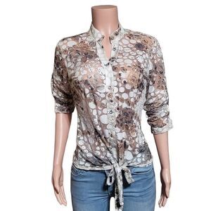 Pulp button down tie front abstract 3/4 sleeve mandarin collar top S